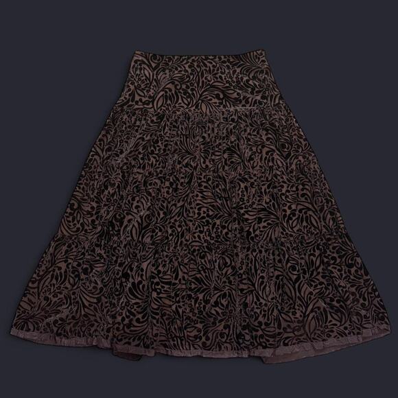 Vocabulary Brown & Black Whimsy Velvet Burnout Tiered Silk Blend Midi Skirt 6/S - Picture 5 of 7